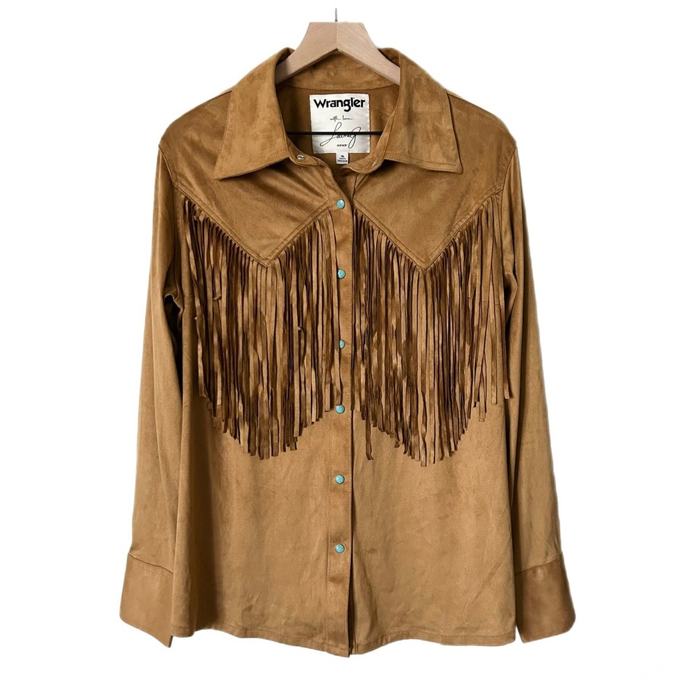 Wrangler x Lainey Wilson Faux Suede Brown Fringe Western Snap Shirt Size XL - Picture 2 of 6